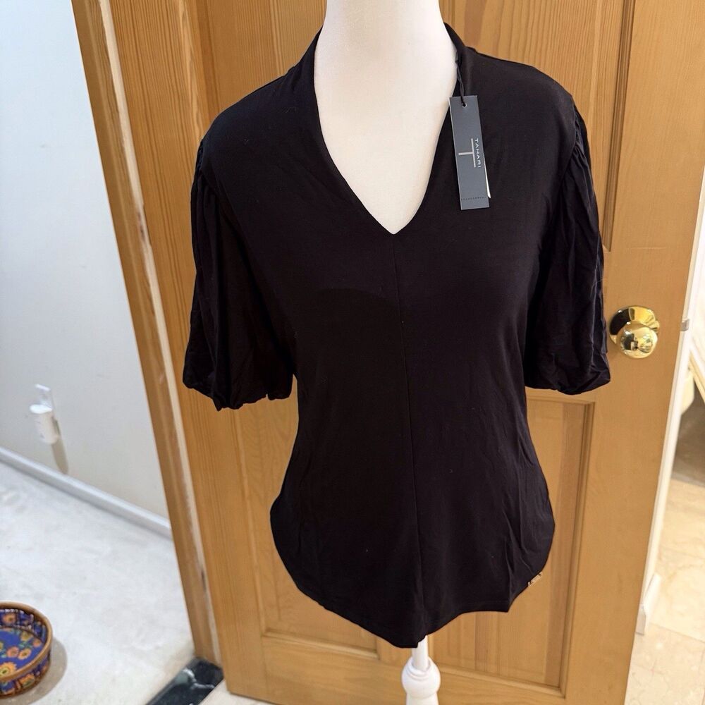 Tahari Women's Pleated Balloon Short Sleeve Blouse Shirt Black‎ Size Small NWT